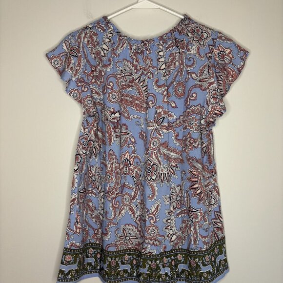 TALBOTS Blouse Women M Blue Pink Floral Flutter Sleeve V-Neck - Picture 3 of 5